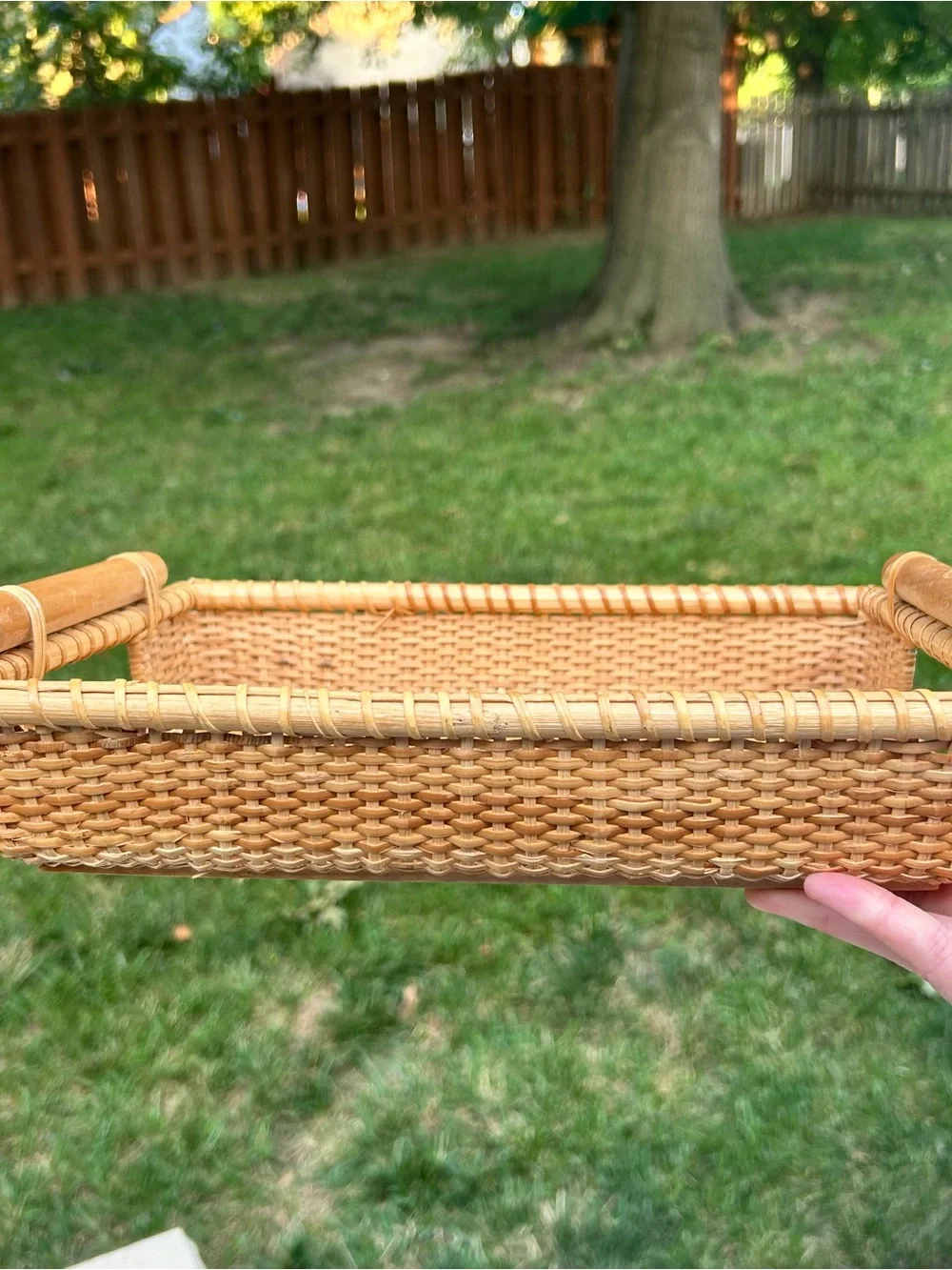 Woven Wicker Tray with Wood Base and Handles